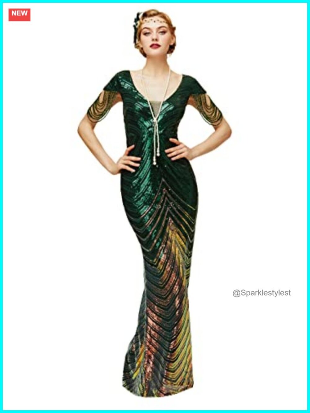 Mermaid Sequin Bodycon Maxi Prom Dress V Neck Sequin Fringe Evening Gown